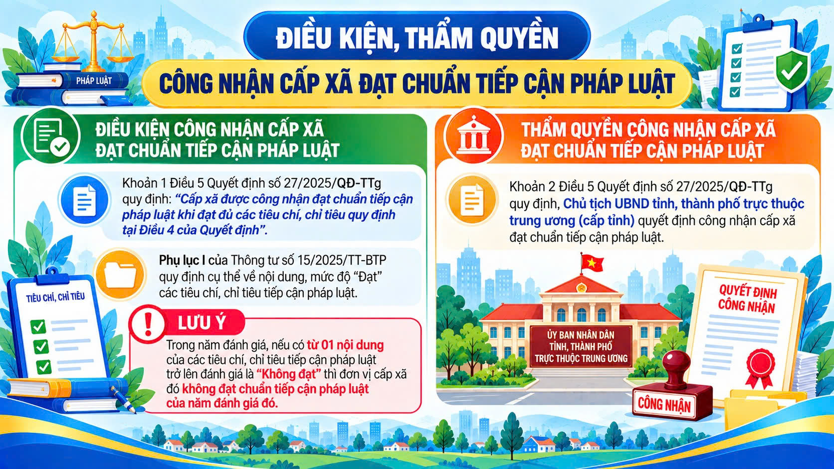 Infographic: Điều kiện, thẩm quyền công nhận cấp xã đạt chuẩn tiếp cận pháp luật