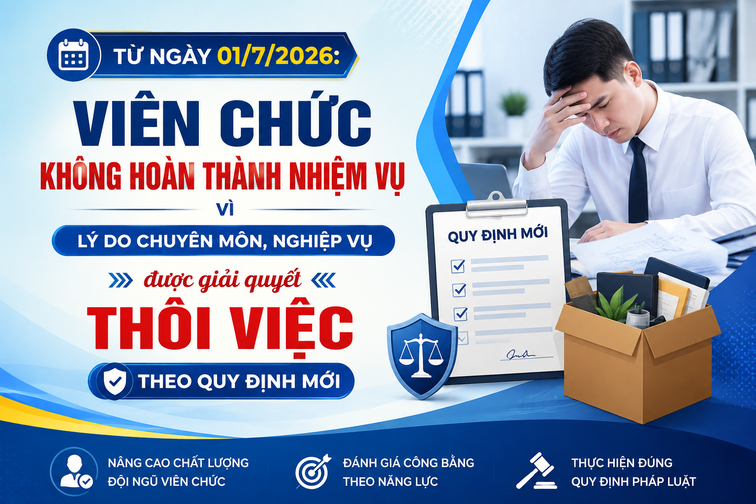 Từ ngày 01/7/2026: Viên chức không hoàn thành nhiệm vụ vì lý do chuyên môn, nghiệp vụ được giải quyết thôi việc theo quy định mới