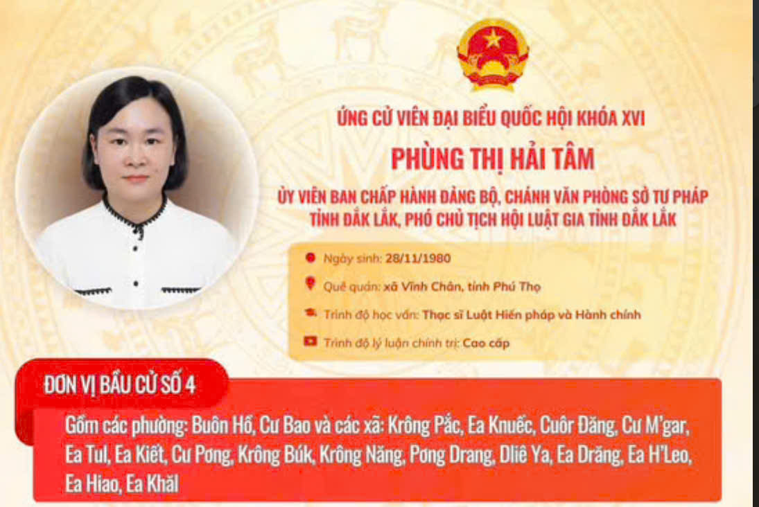 Chương trình hành động của đồng chí Phùng Thị Hải Tâm – Ủy viên Ban Chấp hành Đảng bộ, Chánh Văn phòng Sở Tư pháp tỉnh Đắk Lắk, Phó Chủ tịch Hội Luật gia tỉnh Đắk Lắk, ứng cử viên đại biểu Quốc hội khóa XVI